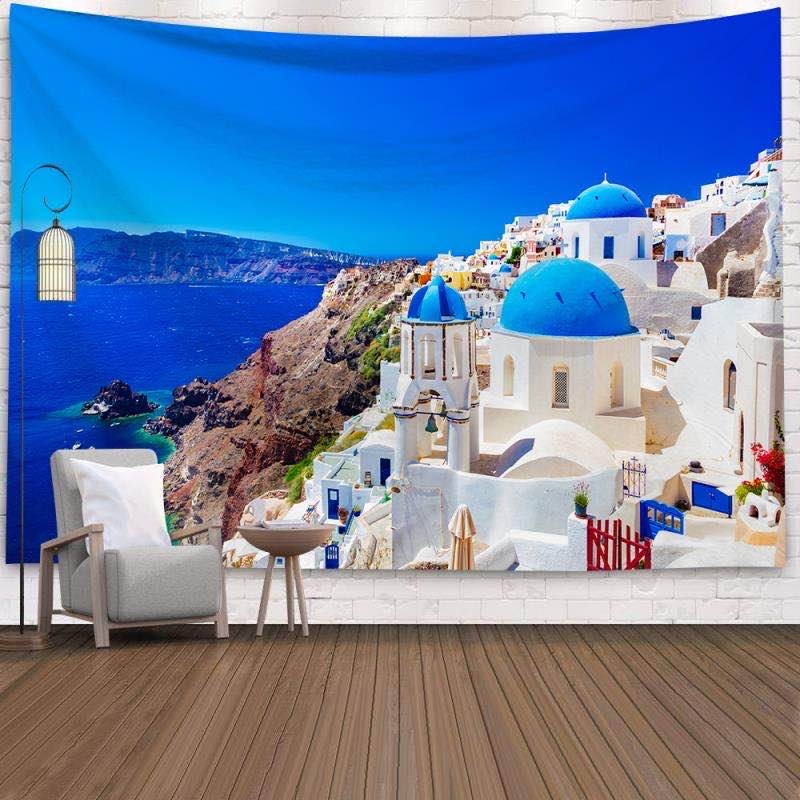 Wall Scroll Tapestry - Santorini Greece Scenery Tapestry Blue Dome